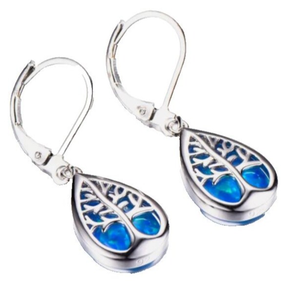 New Teardrop Silver Blue Tree of Life lever-back Earrings - Picture 1 of 3